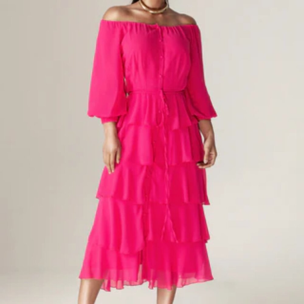 Aliava Dorra Off The Shoulder Ruffle Tiered Chiffon Midi Dress Size XXL
